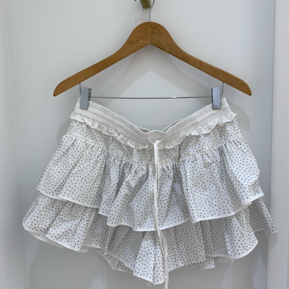 White Ruffled crystal mini skirt / shorts